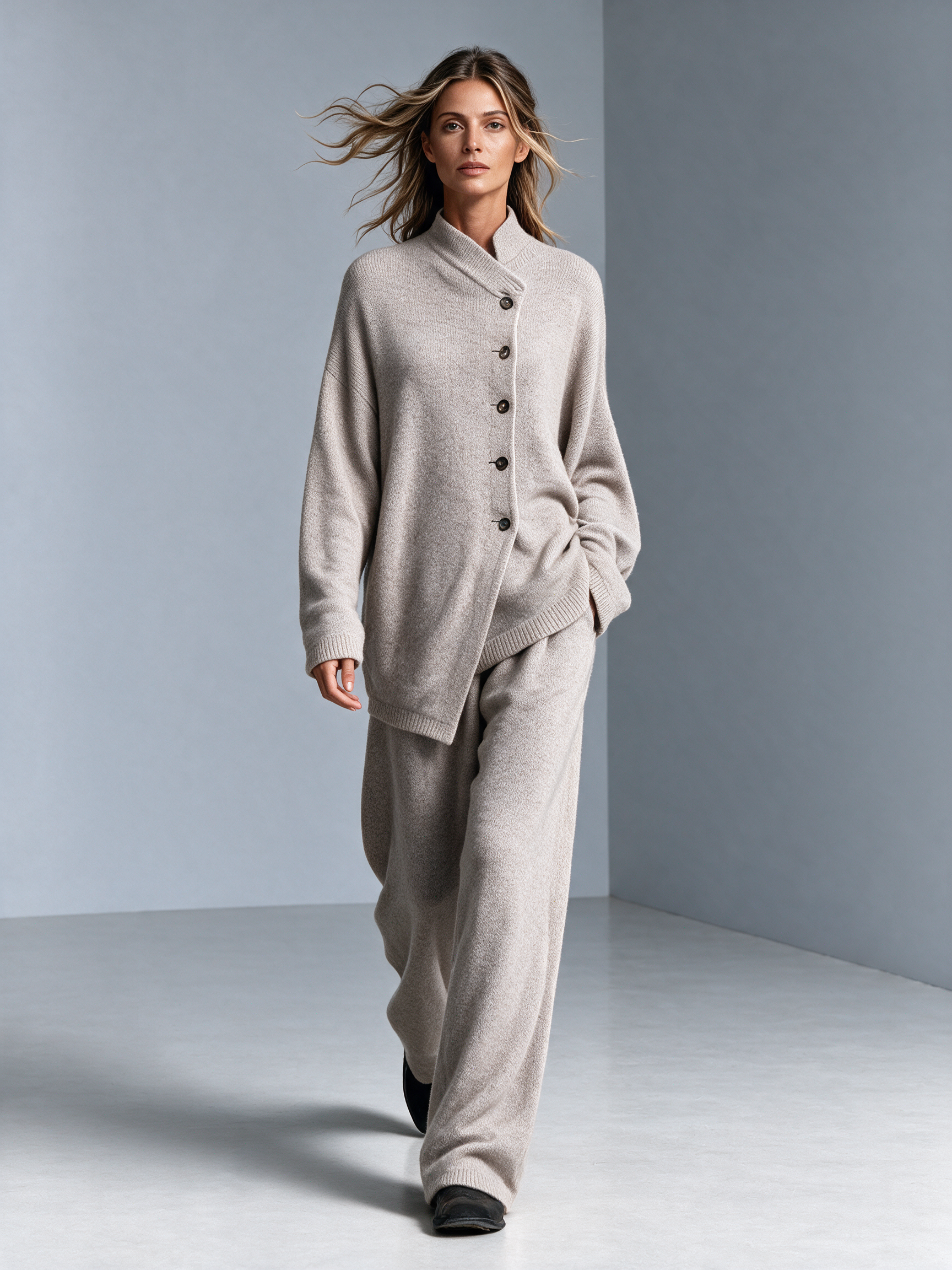 Women's Stand Collar Asymmetric Button Knit Top & Knit Wide‑Leg Pants Set