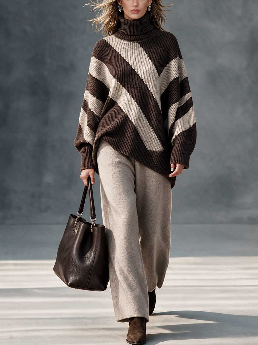 Women's Turtleneck Color‑Block Diagonal‑Stripe Knit Sweater & Knit Wide‑Leg Pants Set