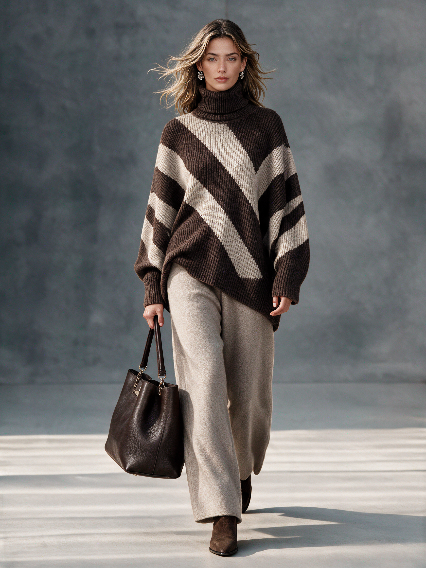 Women's Turtleneck Color‑Block Diagonal‑Stripe Knit Sweater & Knit Wide‑Leg Pants Set