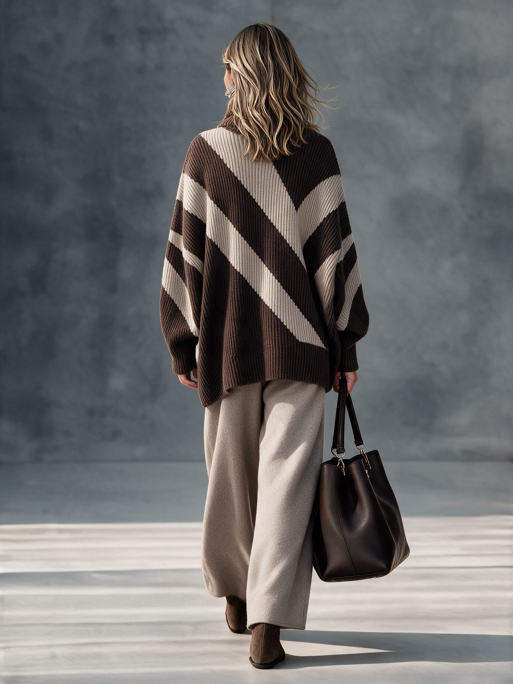 Women's Turtleneck Color‑Block Diagonal‑Stripe Knit Sweater & Knit Wide‑Leg Pants Set