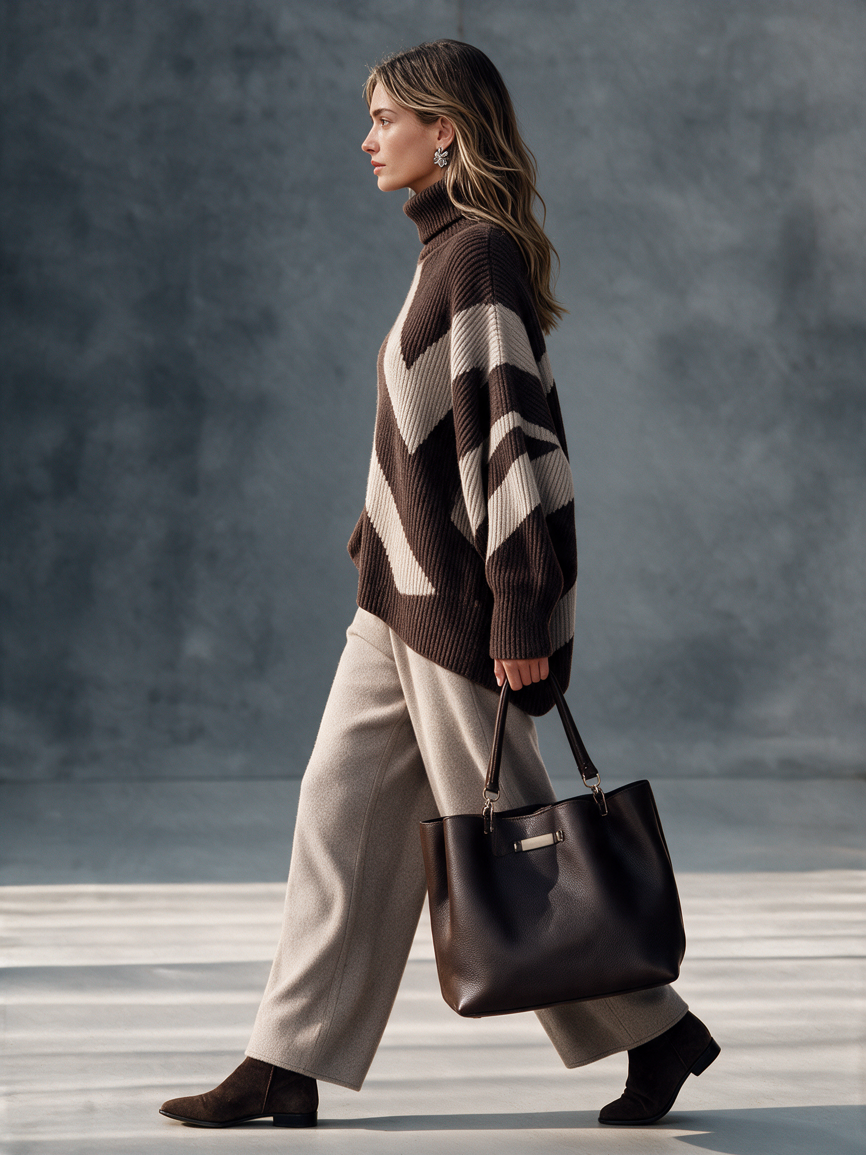 Women's Turtleneck Color‑Block Diagonal‑Stripe Knit Sweater & Knit Wide‑Leg Pants Set