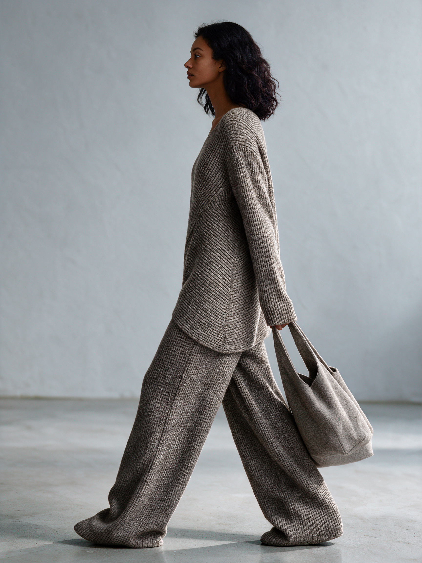 Women's U-Neck Diagonal Texture Knit Top & Knit Wide Leg Pants Set