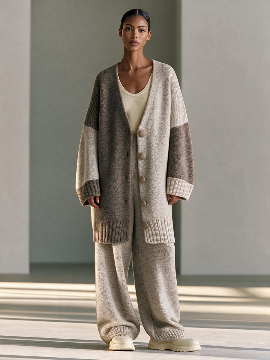 Women's Colorblock V-Neck Button Drop-Shoulder Longline Wool-Knit Cardigan