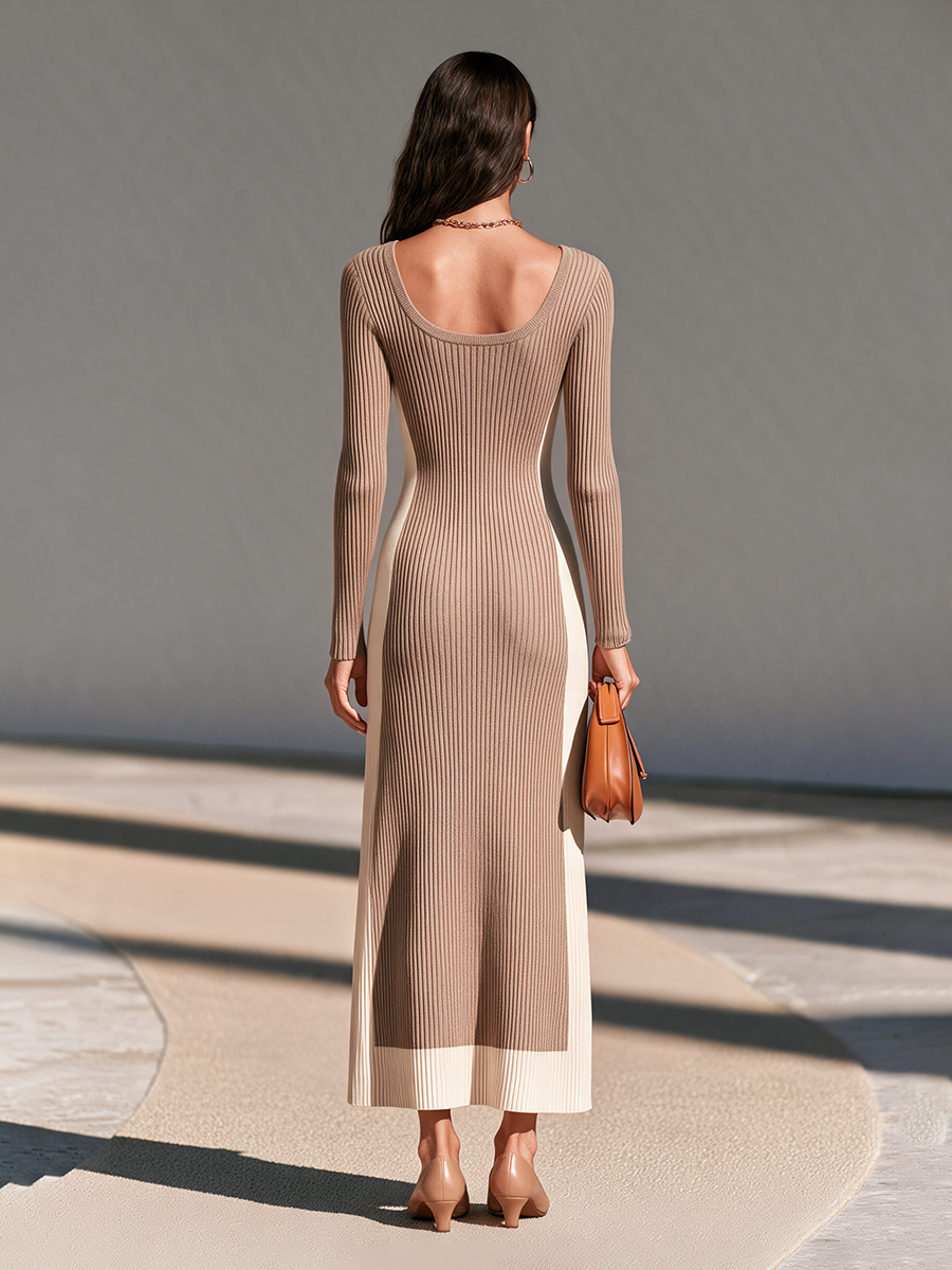 Women's Scoop-Neck Long-Sleeve Side-Panel Colorblock Slim-Fit Ribbed Wool-Knit Maxi Dress