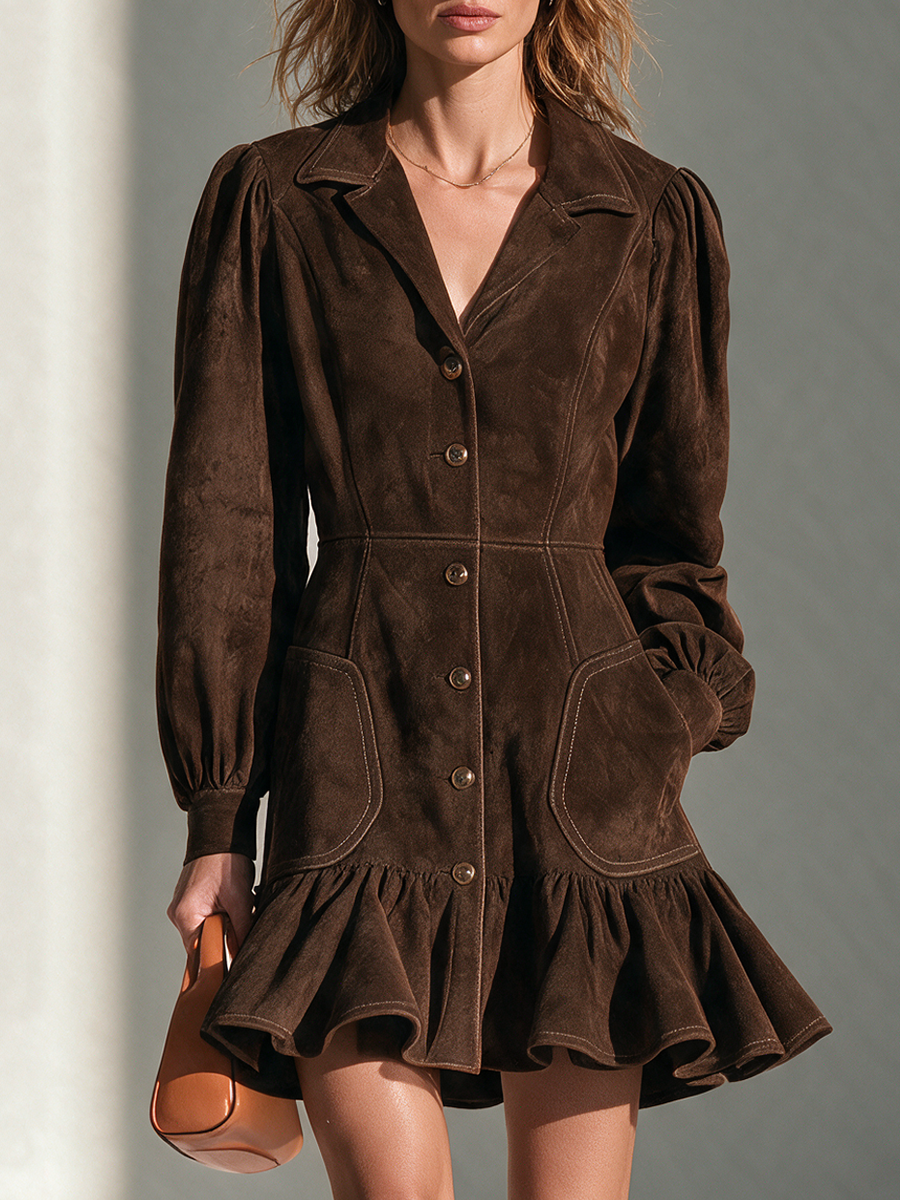 Women's Lapel Button-Front Blouson-Sleeve Cinched-Waist Ruffle-Hem Faux-Suede Mini Dress
