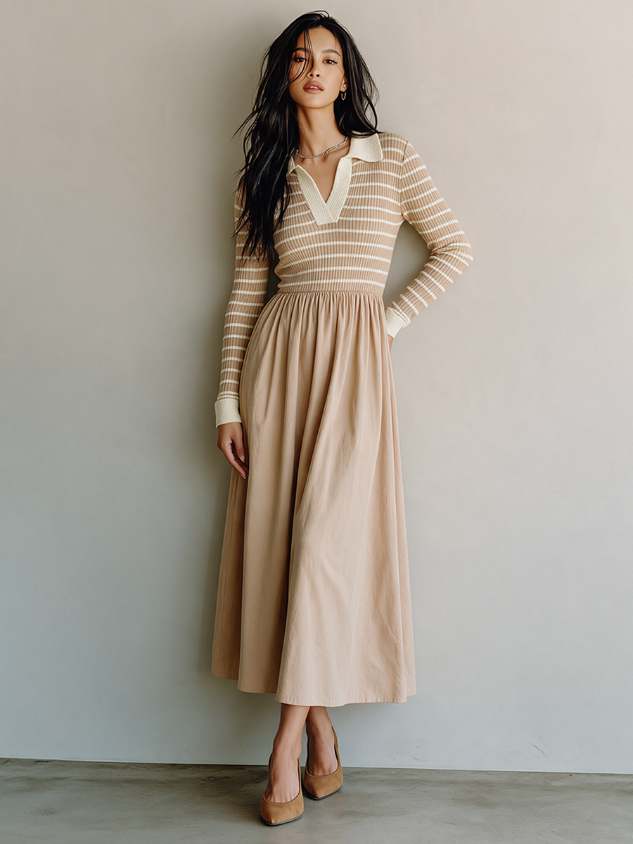 Women's Casual Knit-and-Woven Panel Polo-Collar Midi Dress