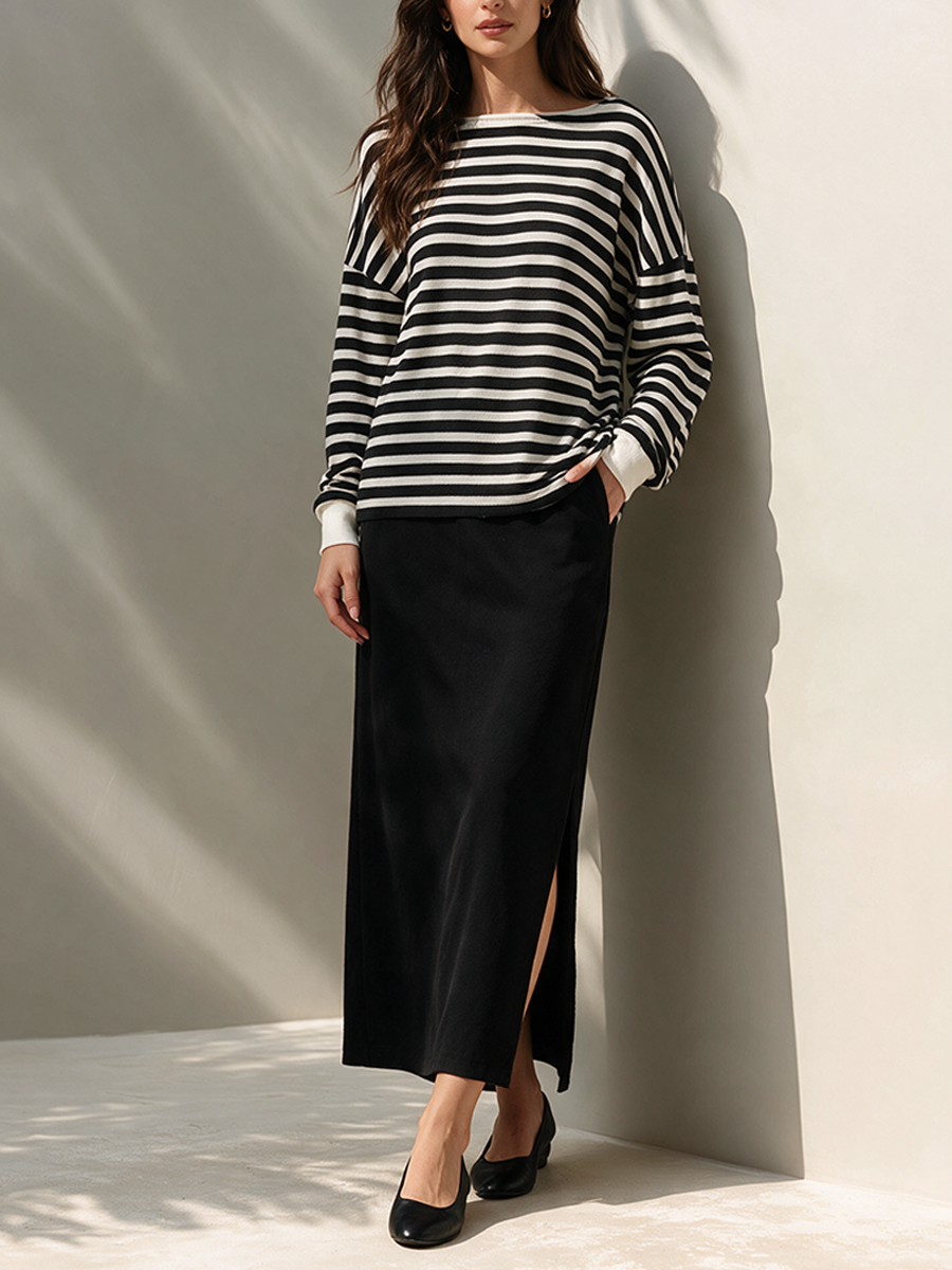 Women's Striped Knit Top & Slit Skirt Set