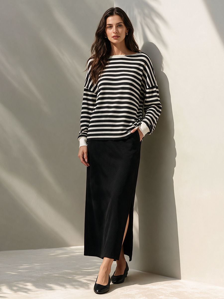 Women's Striped Knit Top & Slit Skirt Set