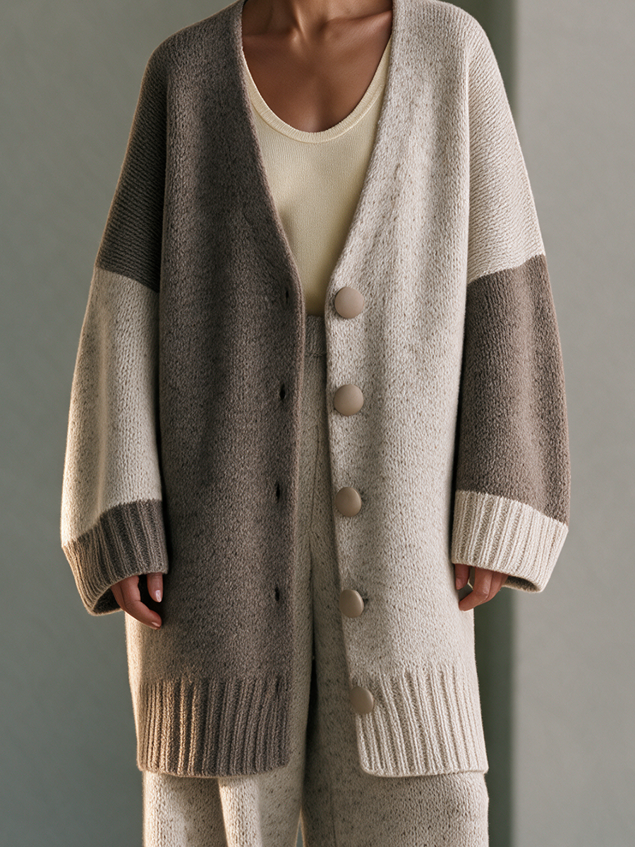 Women's Colorblock V-Neck Button Drop-Shoulder Longline Wool-Knit Cardigan