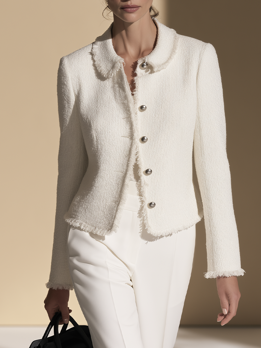Women's Fringed Tweed Jacket with Metal Buttons