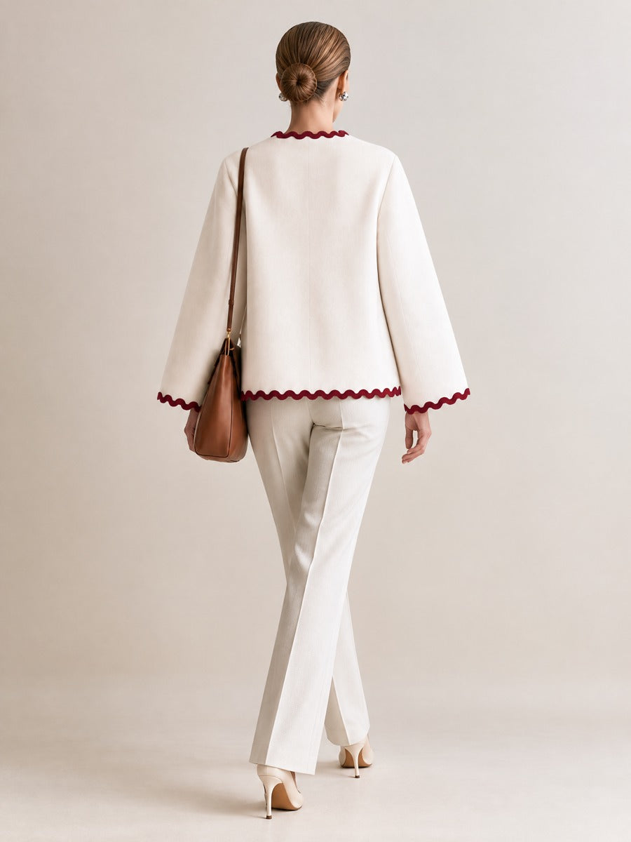 Women's Ivory Scalloped Trim Bell Sleeve Jacket With Contrast Wave Edge