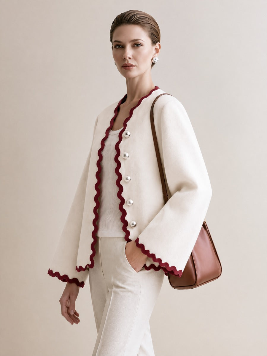 Women's Ivory Scalloped Trim Bell Sleeve Jacket With Contrast Wave Edge