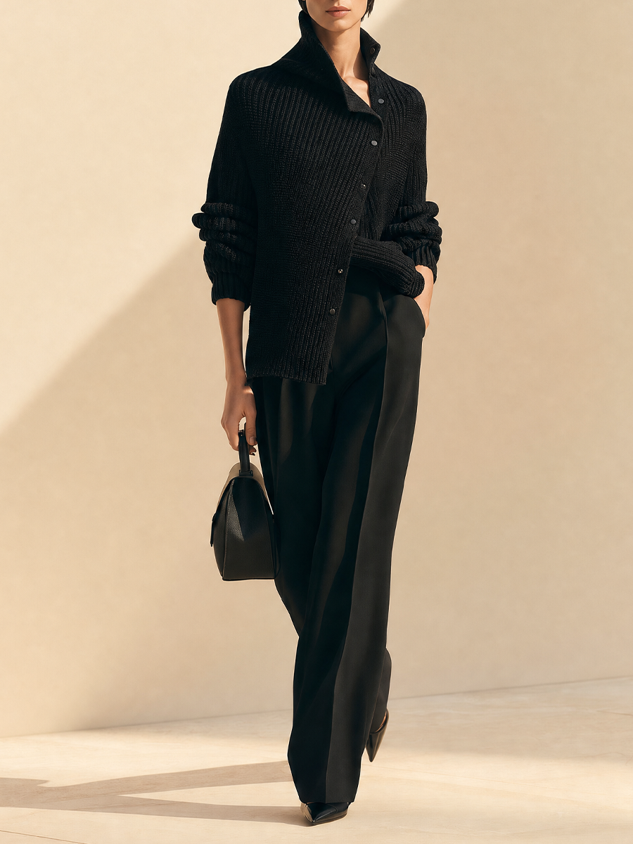 Ribbed Knit Asymmetric Cardigan with Wide-Leg Trousers Set