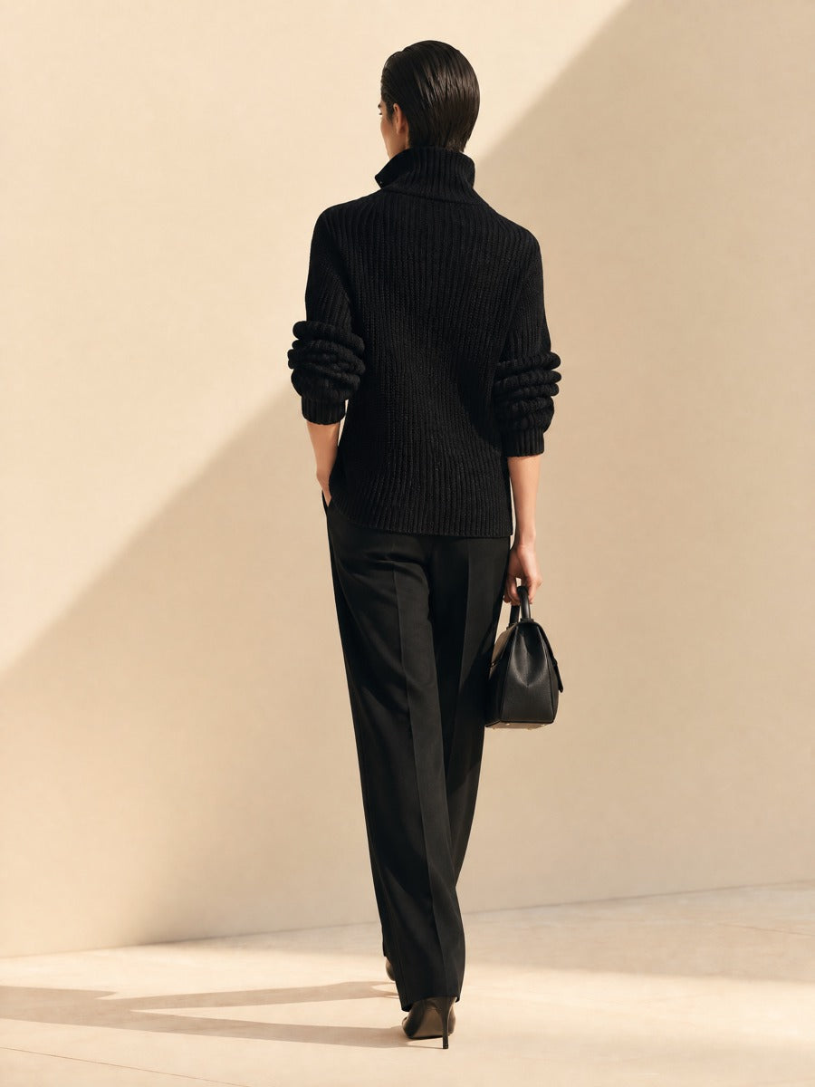 Ribbed Knit Asymmetric Cardigan with Wide-Leg Trousers Set