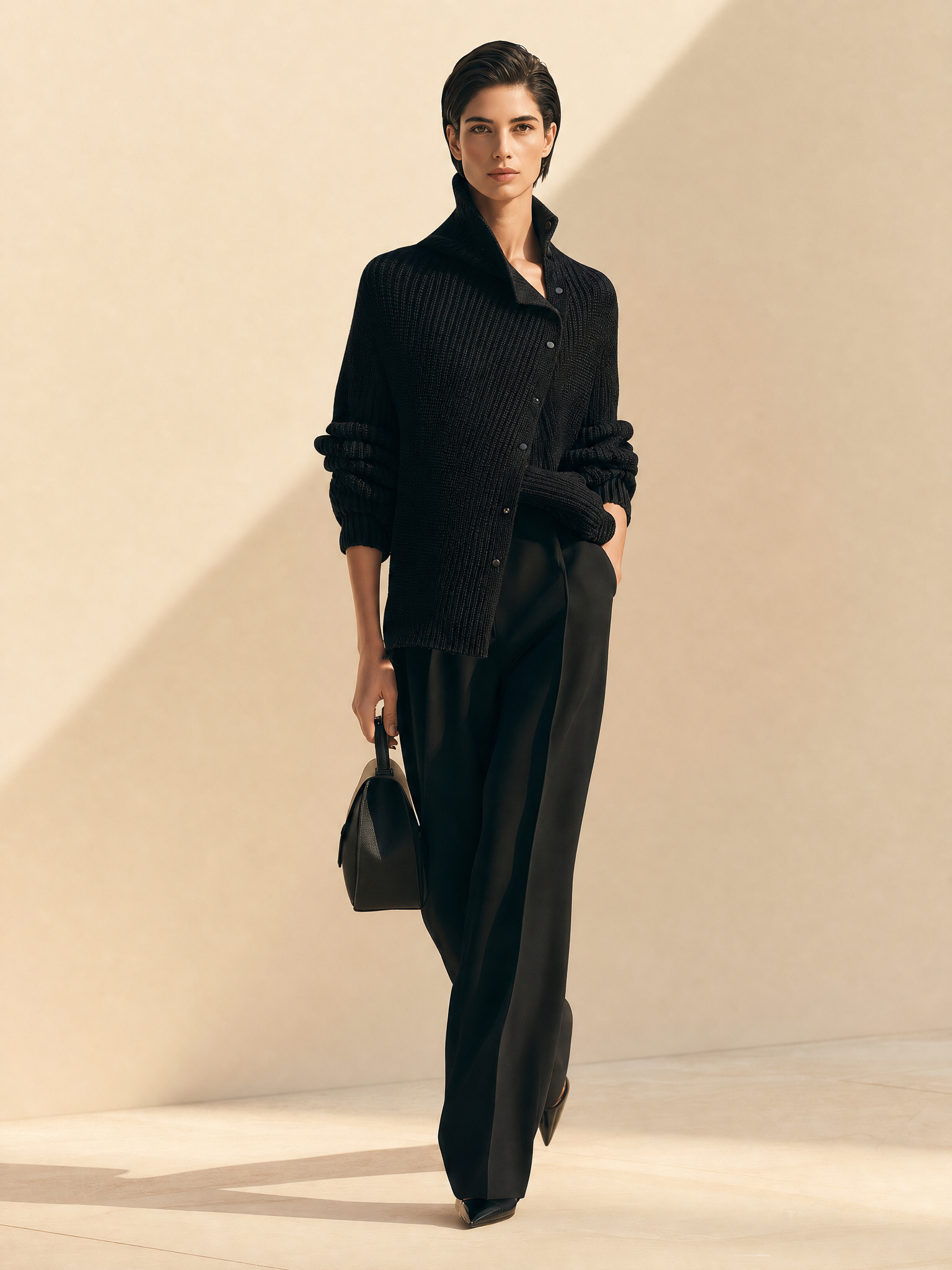 Women's Black Ribbed Knit Asymmetric Cardigan