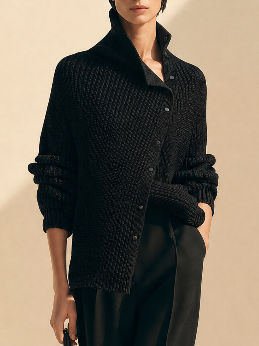 Women's Black Ribbed Knit Asymmetric Cardigan
