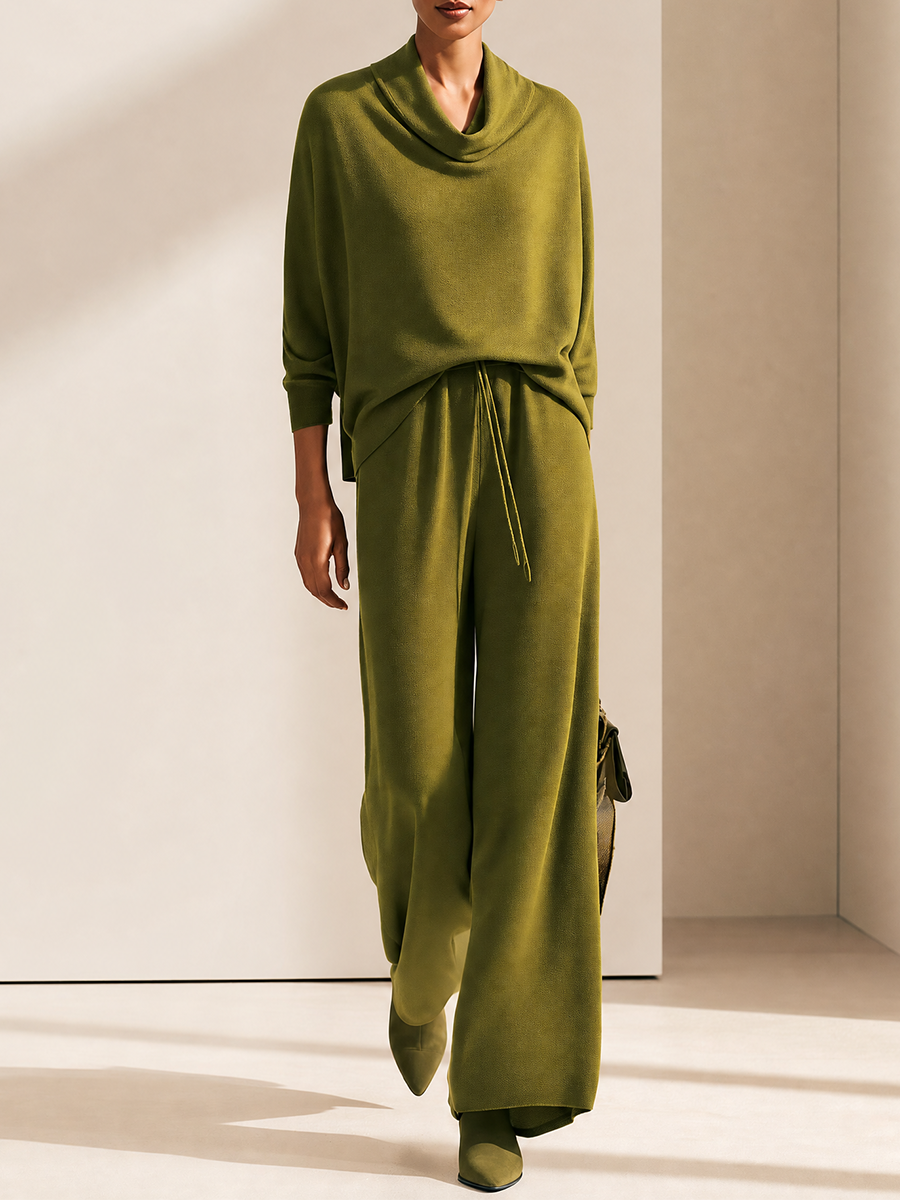 Women's Cowl Neck Batwing Top & Wide-Leg Drawstring Trousers Set