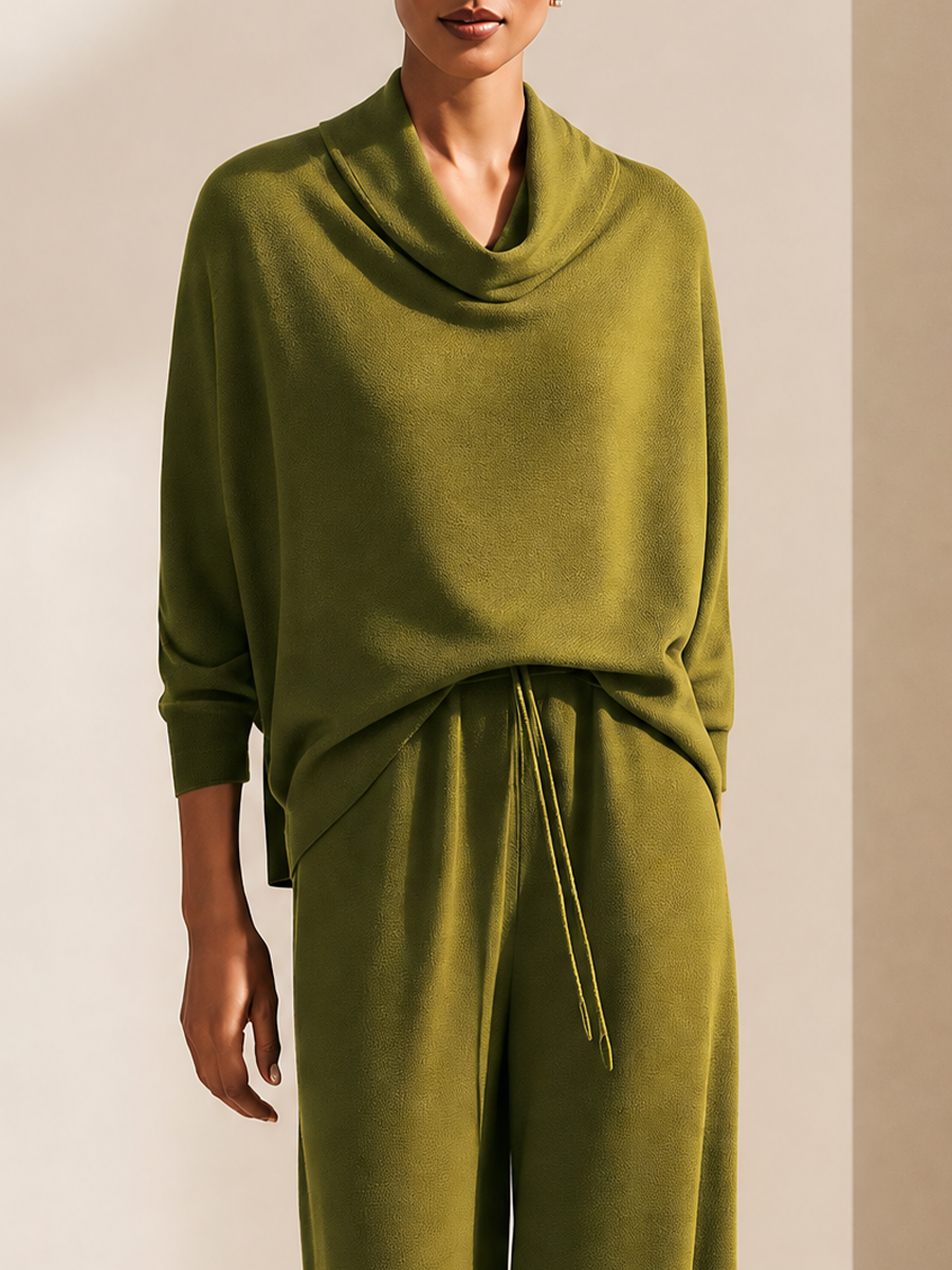 Women's Cowl Neck Batwing Top & Wide-Leg Drawstring Trousers Set