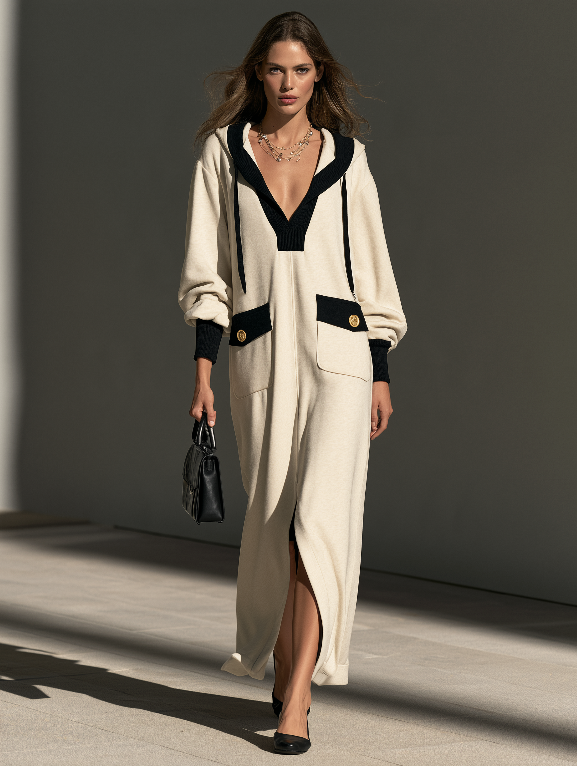 Women's Casual Long-Sleeve Maxi Dress In Beige And Black Sweatshirt Fabric