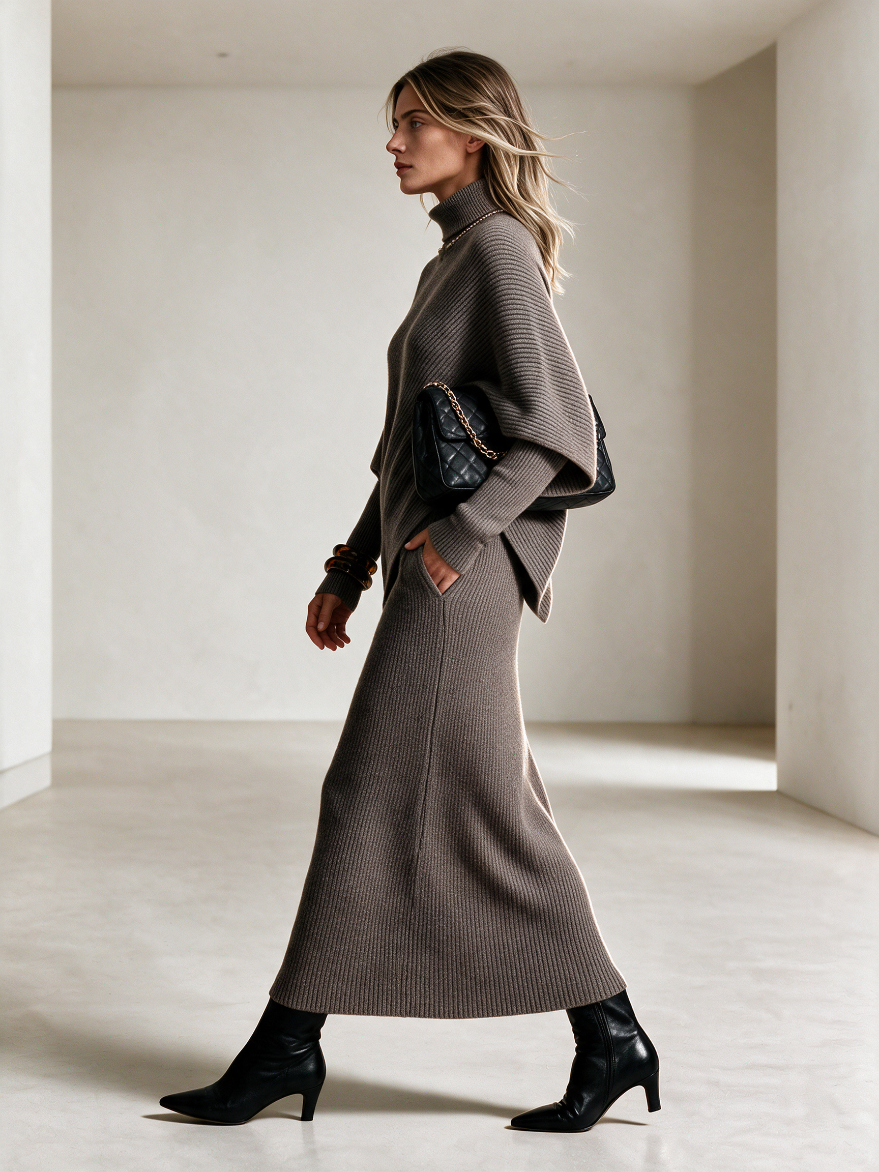 Women's Turtleneck Asymmetric Knit Top & Knit Midi Skirt Set