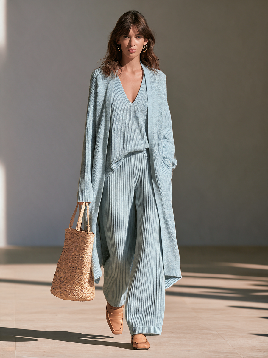 Women's Drop‑Shoulder Oversized Vertical‑Rib Long Knit Cardigan
