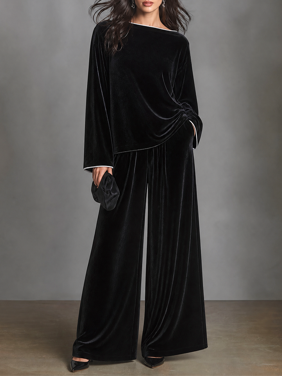 Women's Velvet Two-Piece Set Boat Neck Top & Wide Leg Palazzo Pants