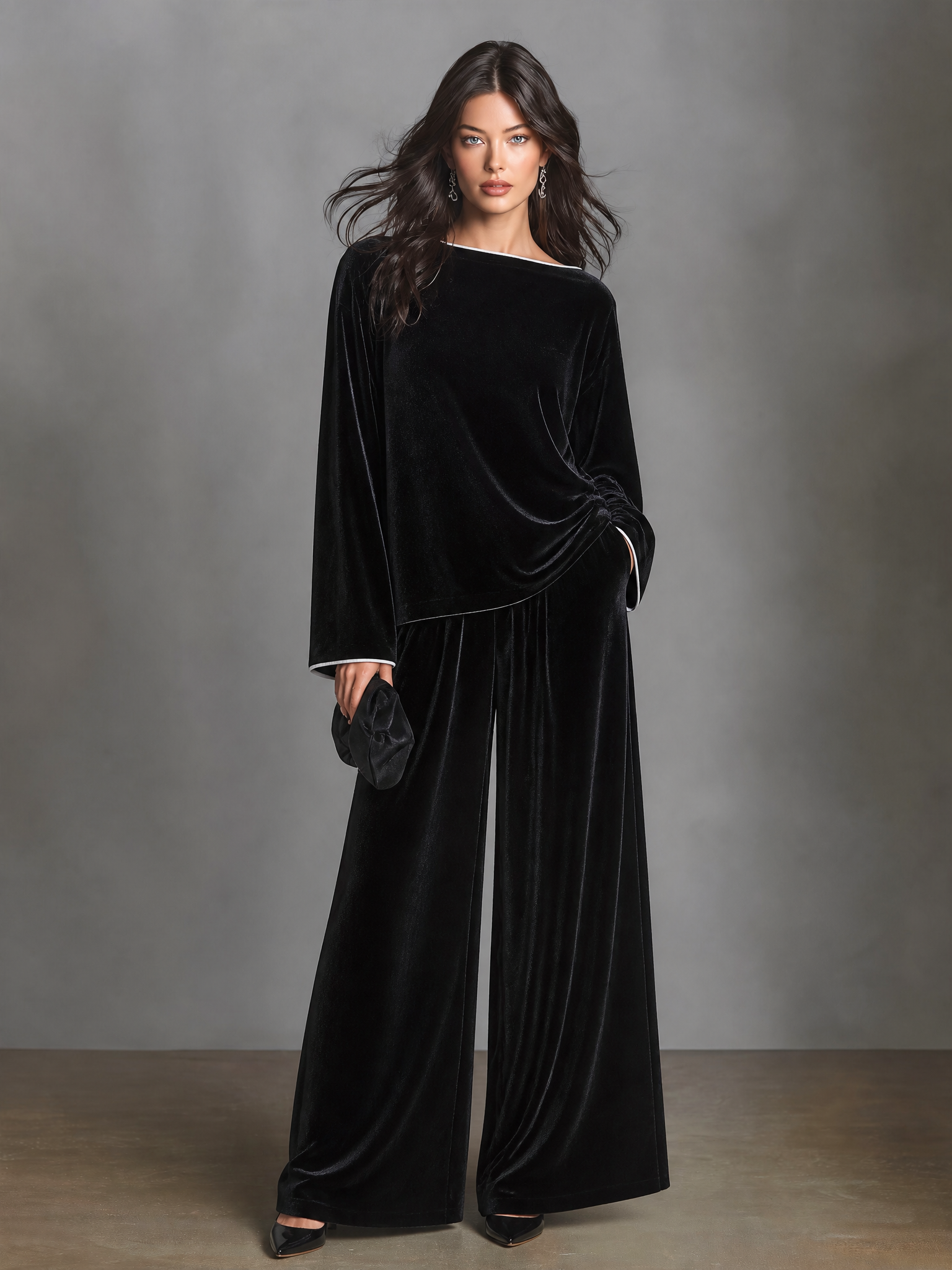 Women's Velvet Two-Piece Set Boat Neck Top & Wide Leg Palazzo Pants