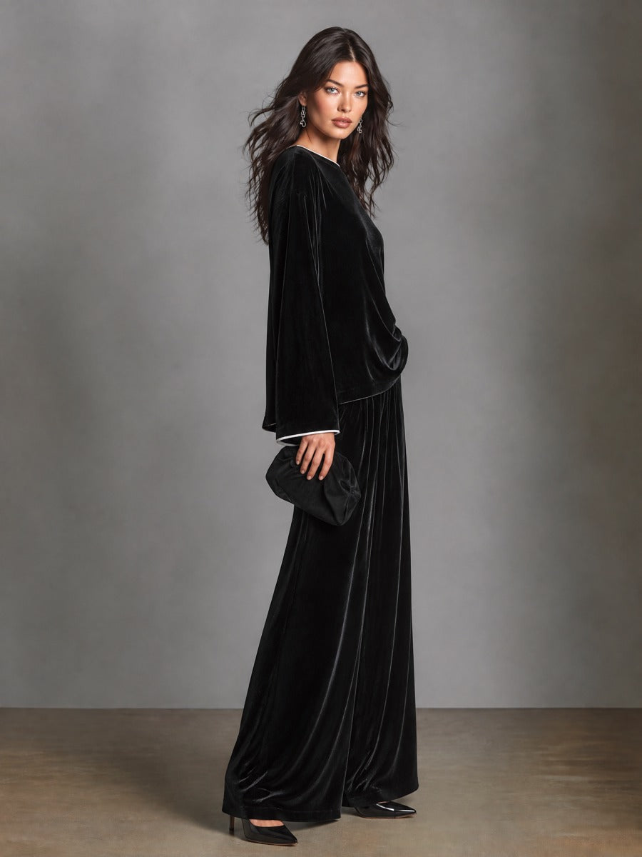 Women's Velvet Two-Piece Set Boat Neck Top & Wide Leg Palazzo Pants