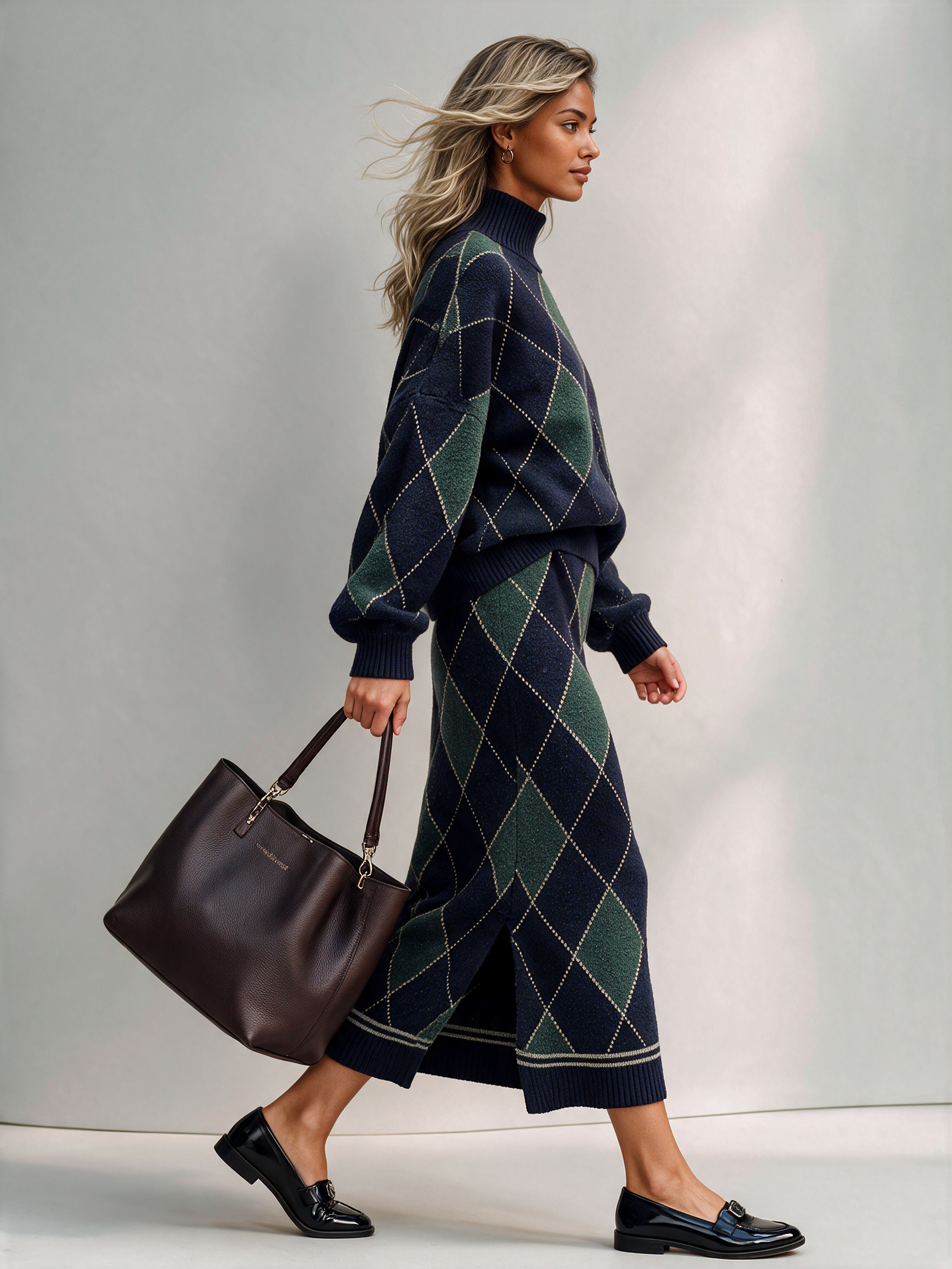 Women's Argyle Turtleneck Knit Sweater & Midi Skirt Set