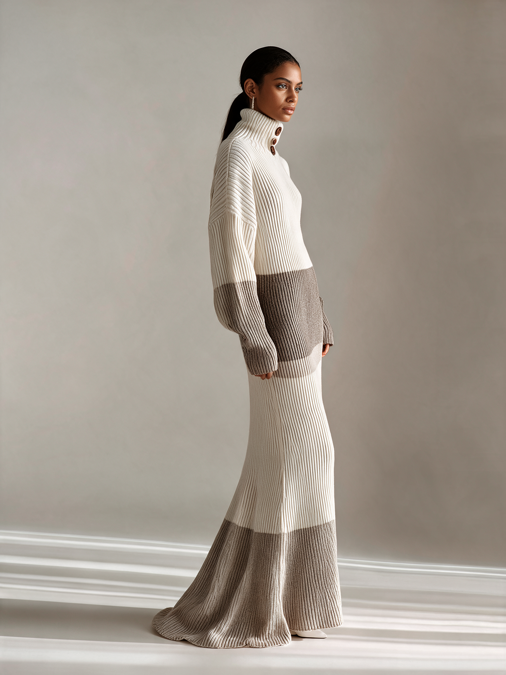 Women's Color Block Turtleneck Ribbed Knit Maxi Dress