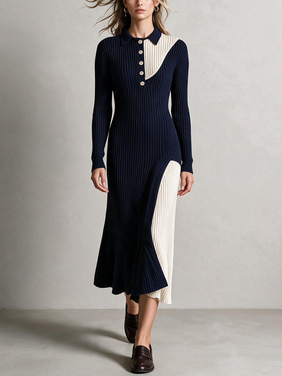 Women's Color Block Polo Collar Button Ribbed Knit Midi Dress