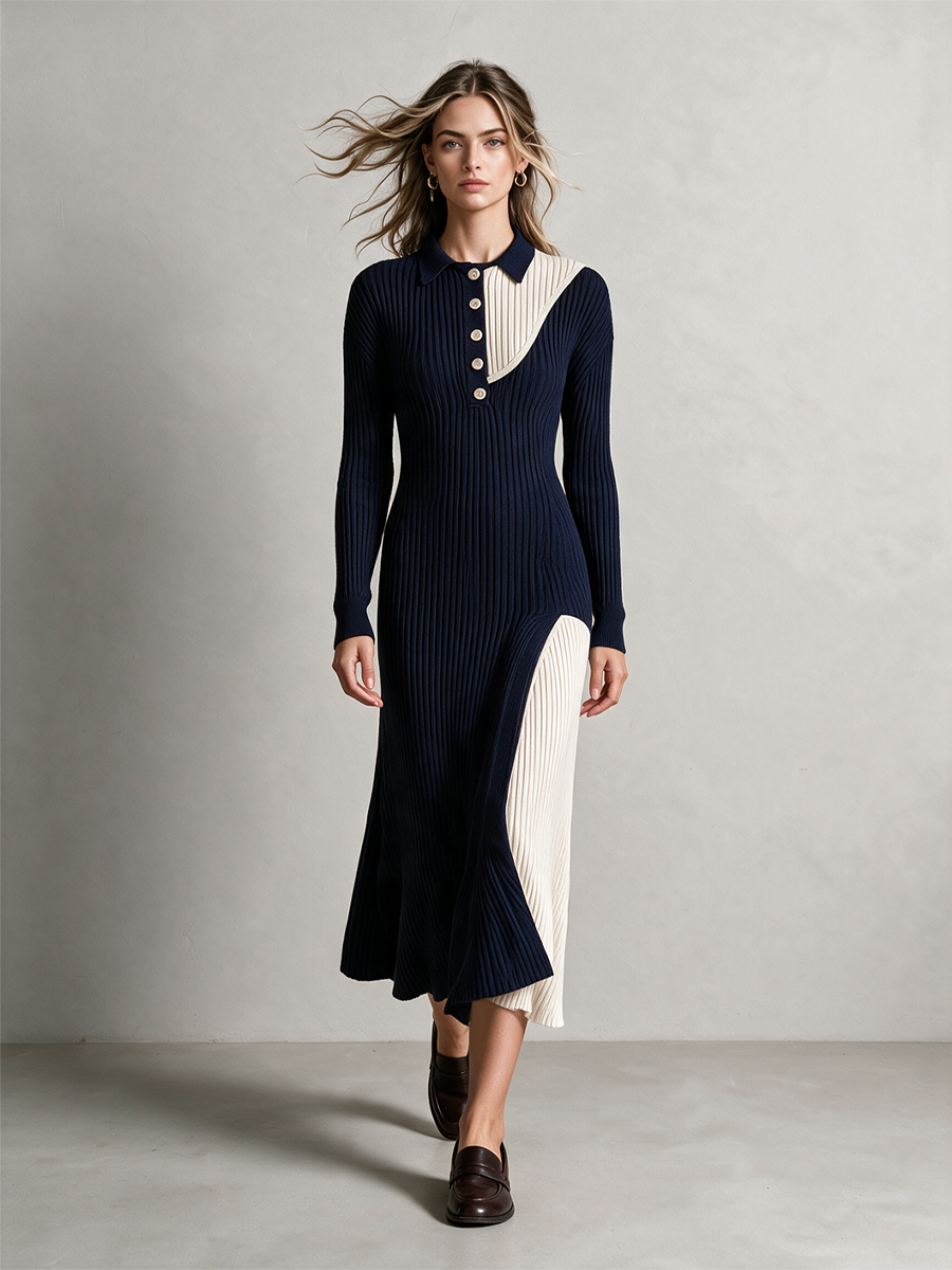 Women's Color Block Polo Collar Button Ribbed Knit Midi Dress