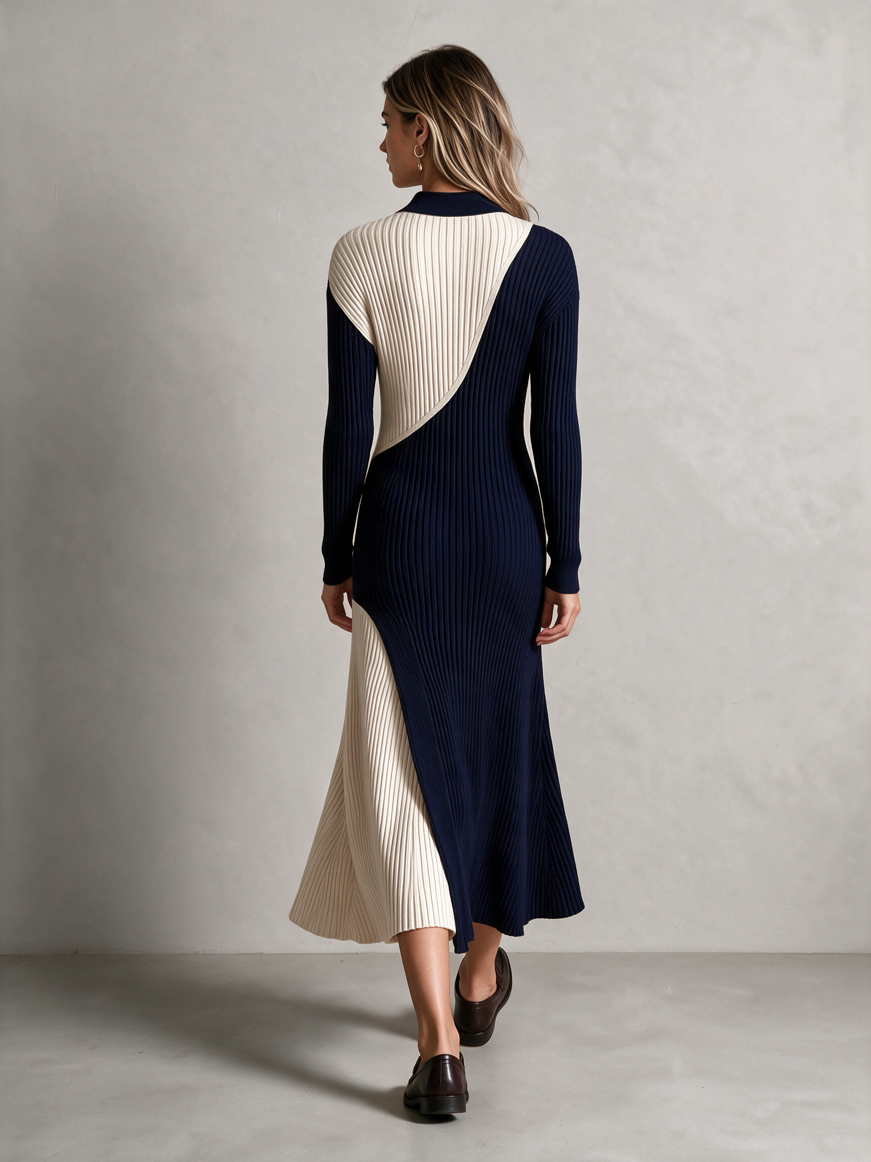 Women's Color Block Polo Collar Button Ribbed Knit Midi Dress