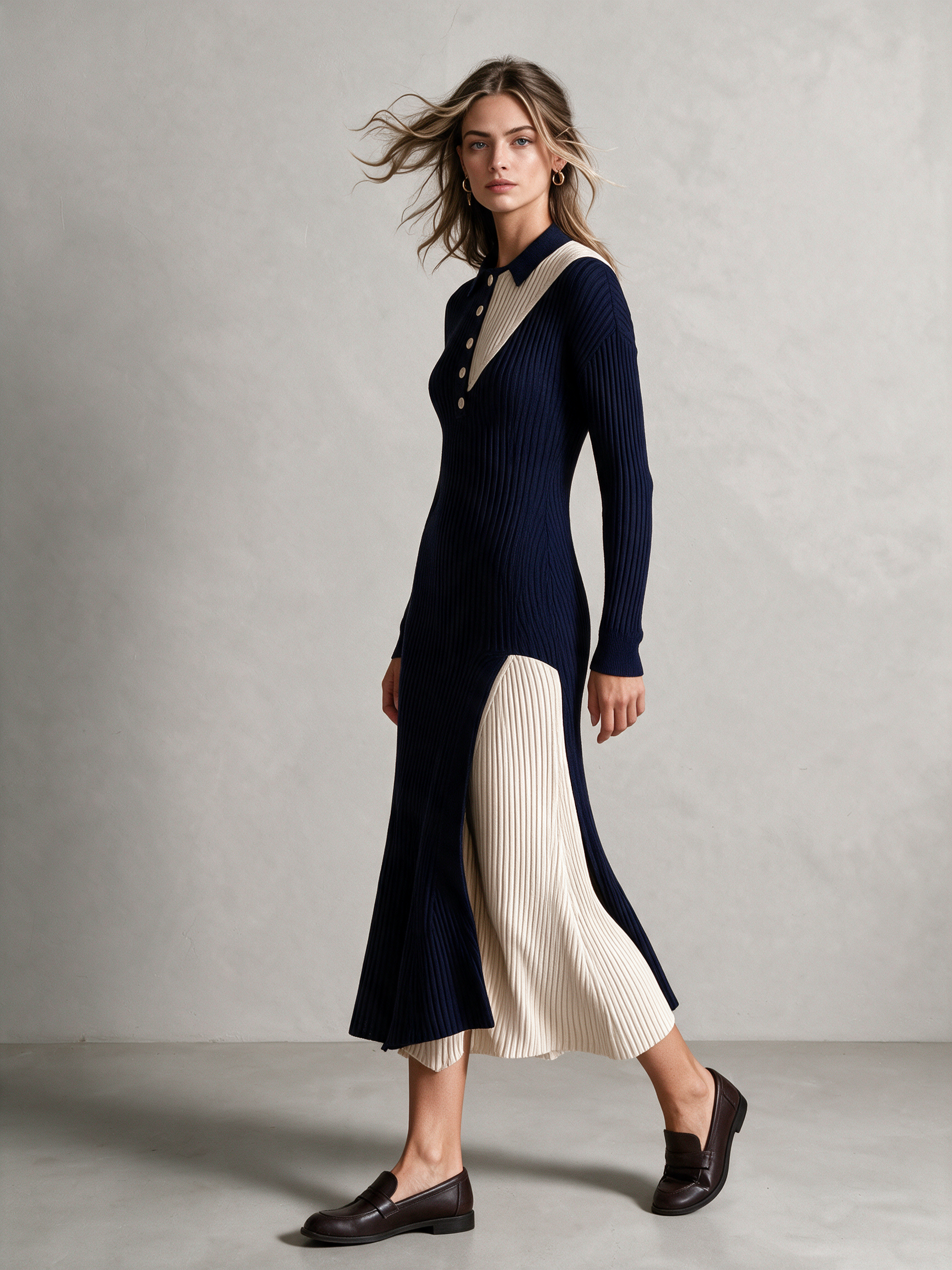 Women's Color Block Polo Collar Button Ribbed Knit Midi Dress