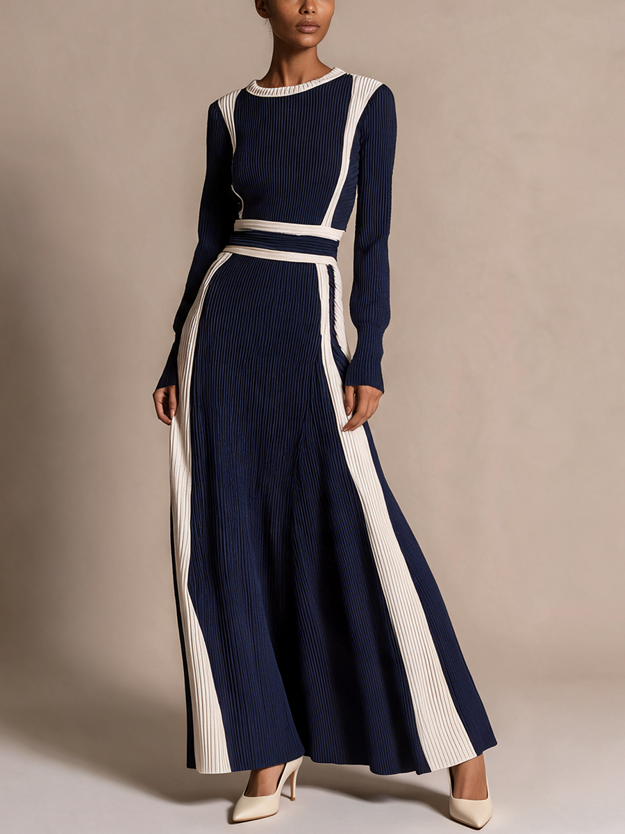 Women's Round Neck Contrast Striped Ribbed Knit Maxi Dress