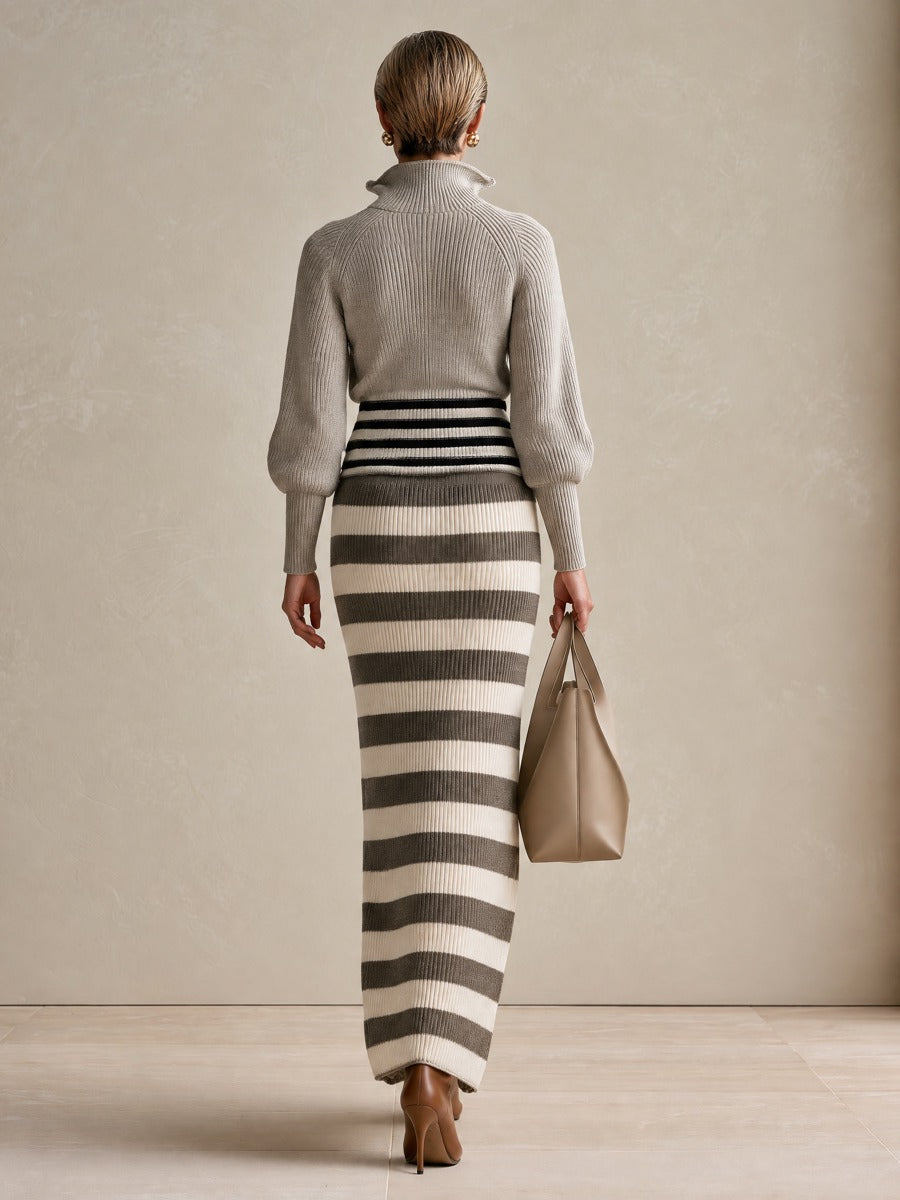 Women's Quarter-Zip Knit Grey Skirt Set
