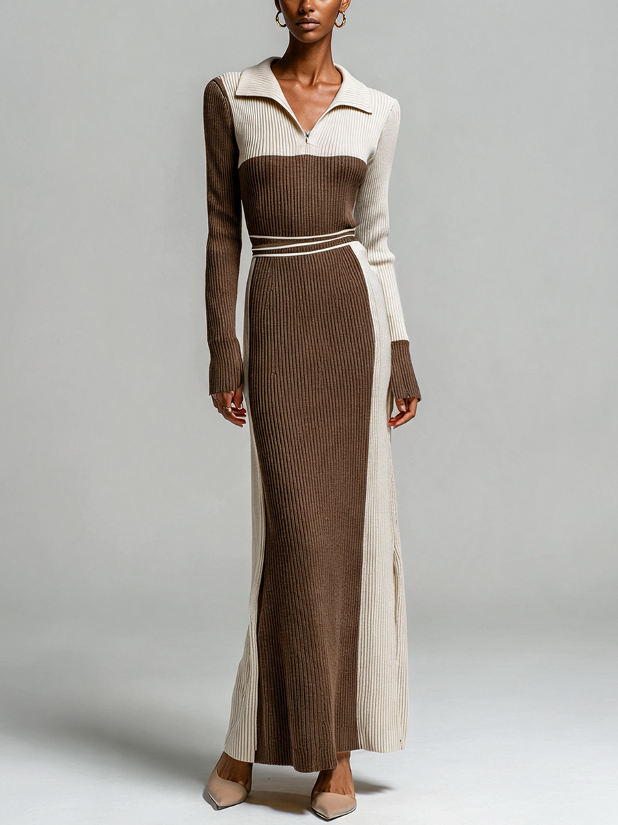 Women's Color Block Polo Collar Ribbed Knit Maxi Dress