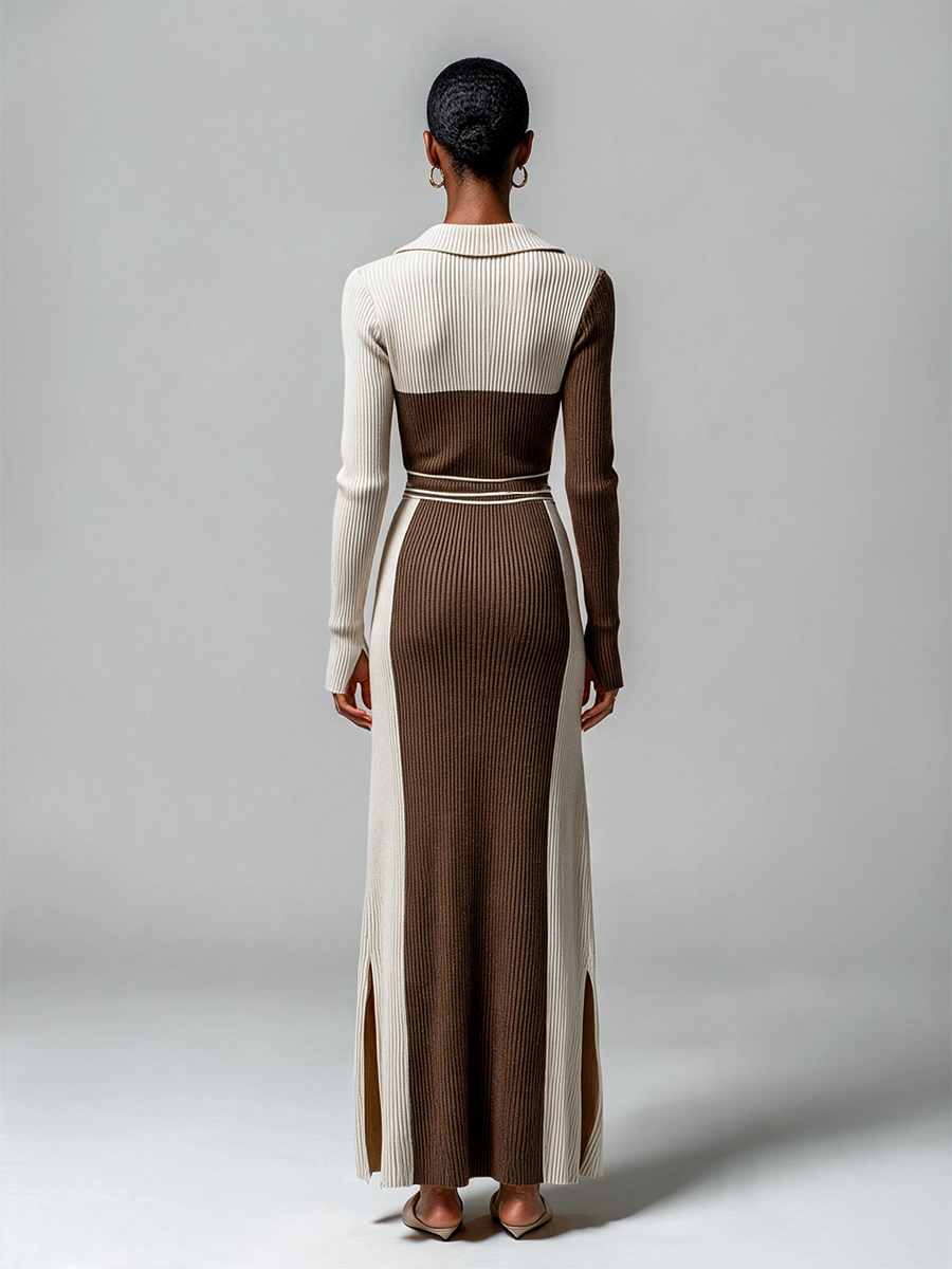 Women's Color Block Polo Collar Ribbed Knit Maxi Dress