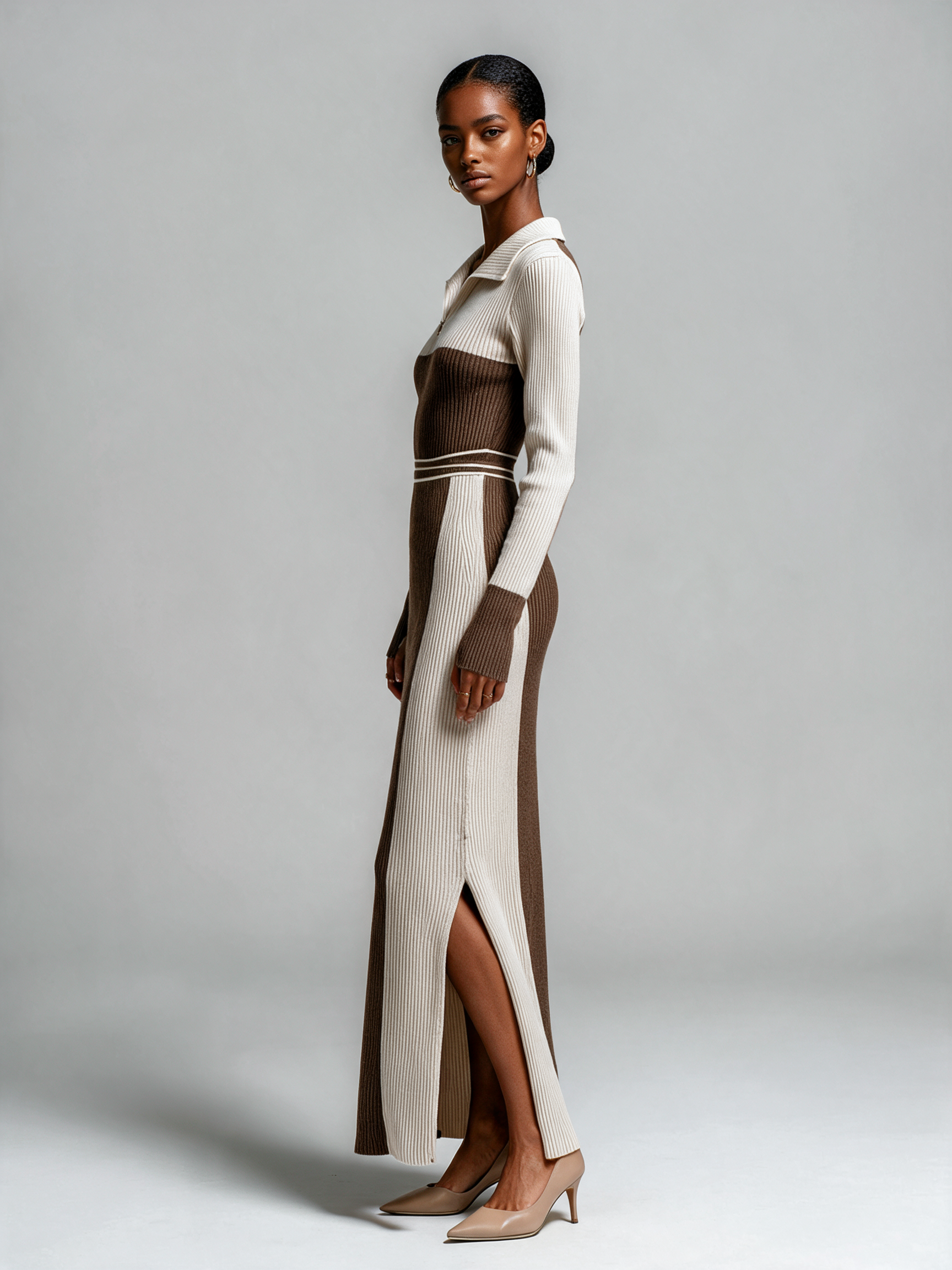 Women's Color Block Polo Collar Ribbed Knit Maxi Dress