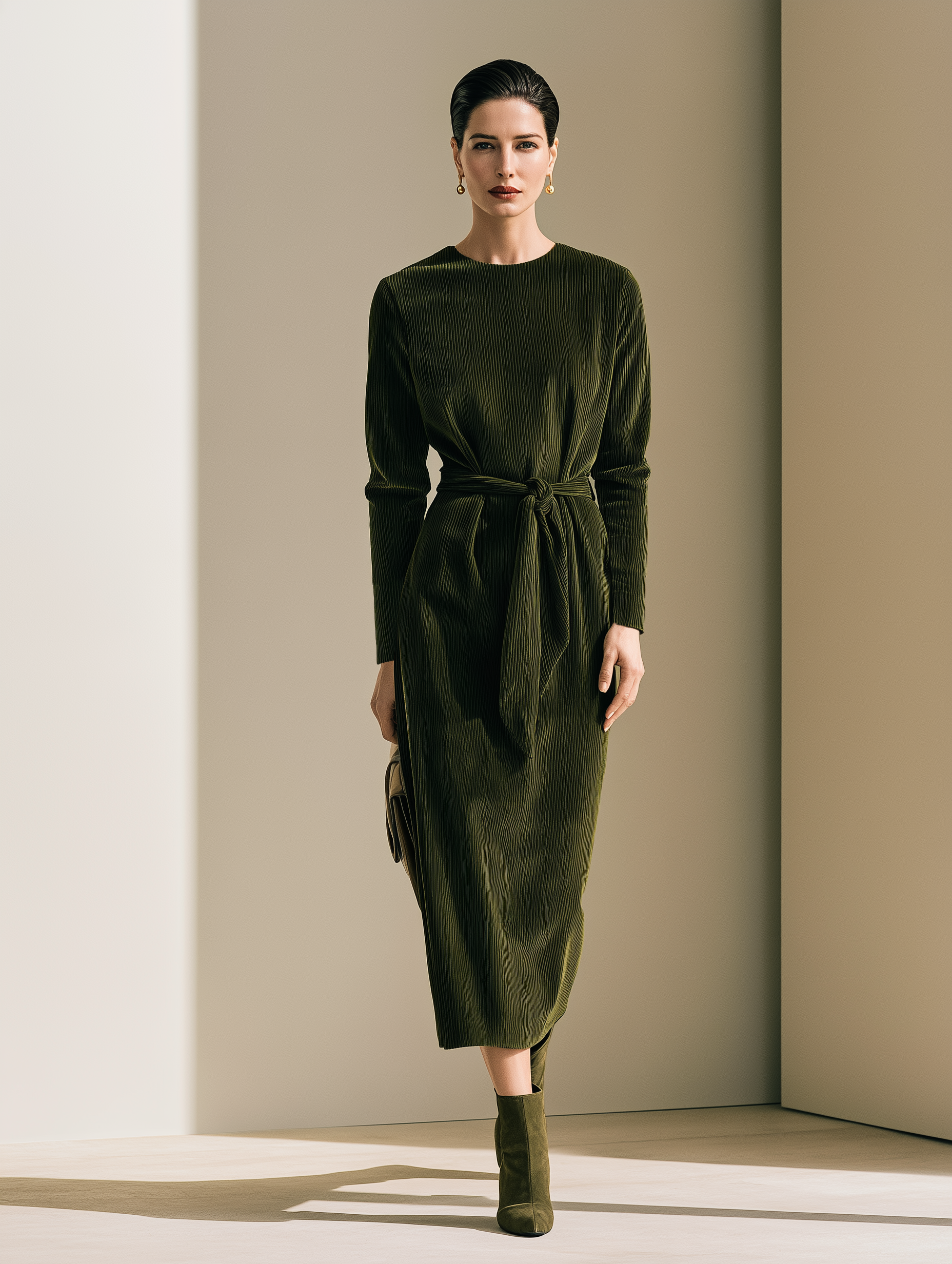 Women's Crew Neck Tie-Waist Olive Green Dress
