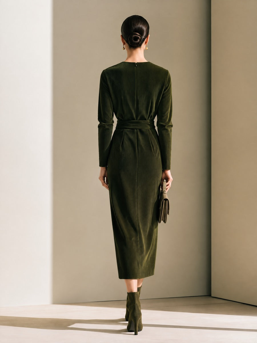 Women's Crew Neck Tie-Waist Olive Green Dress