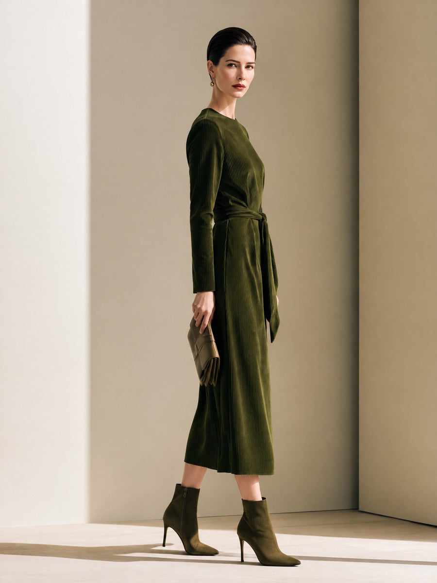 Women's Crew Neck Tie-Waist Olive Green Dress