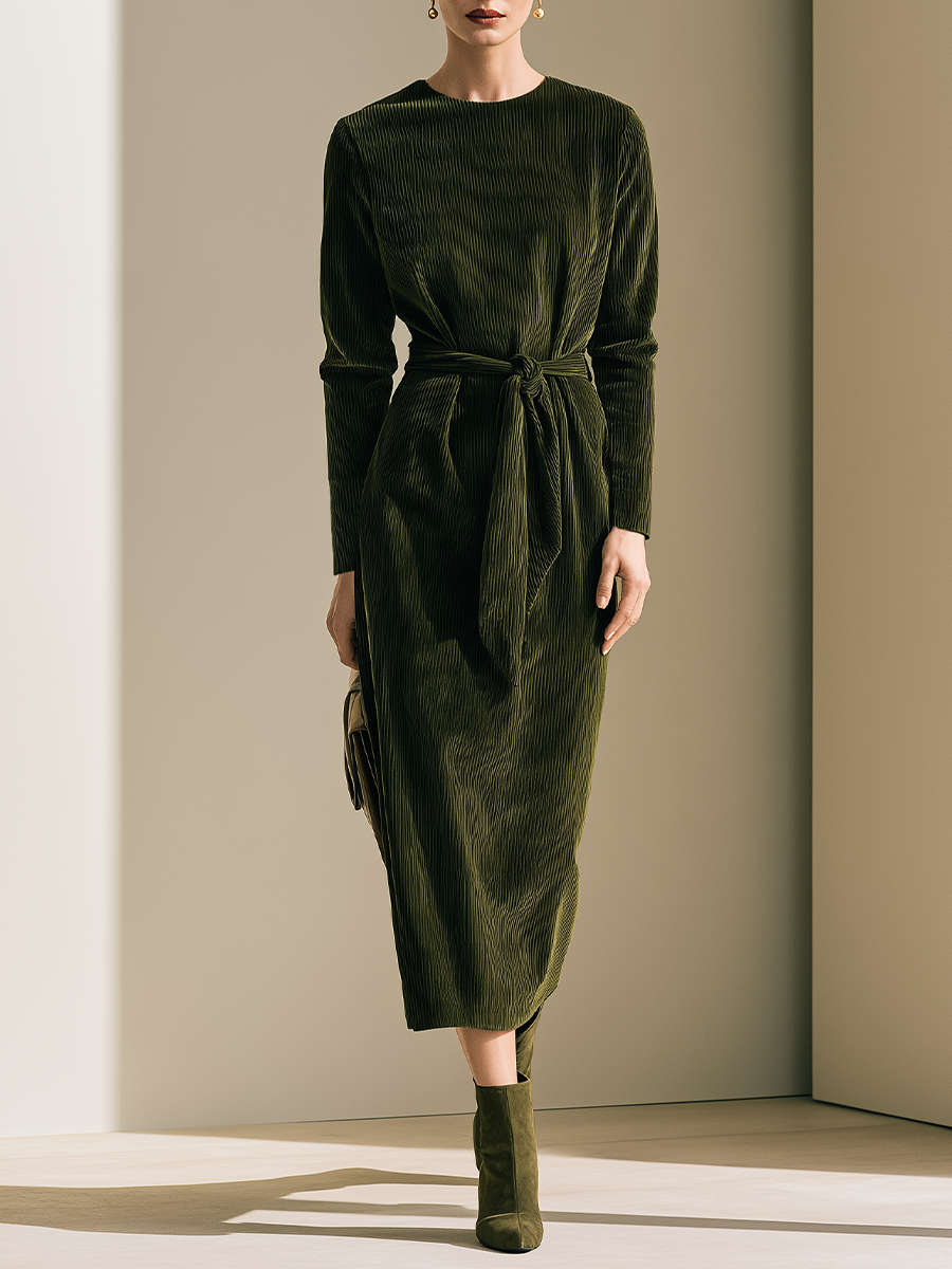 Women's Crew Neck Tie-Waist Olive Green Dress