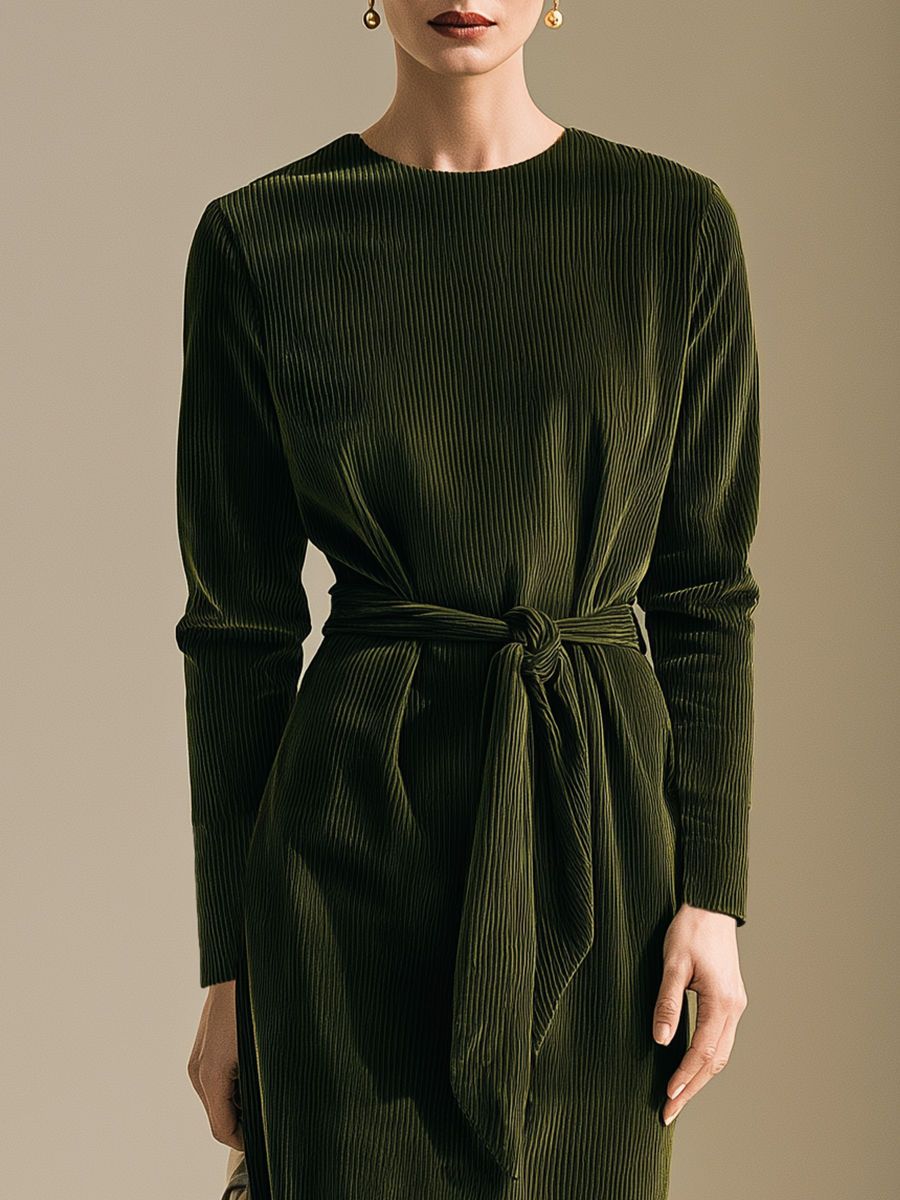 Women's Crew Neck Tie-Waist Olive Green Dress