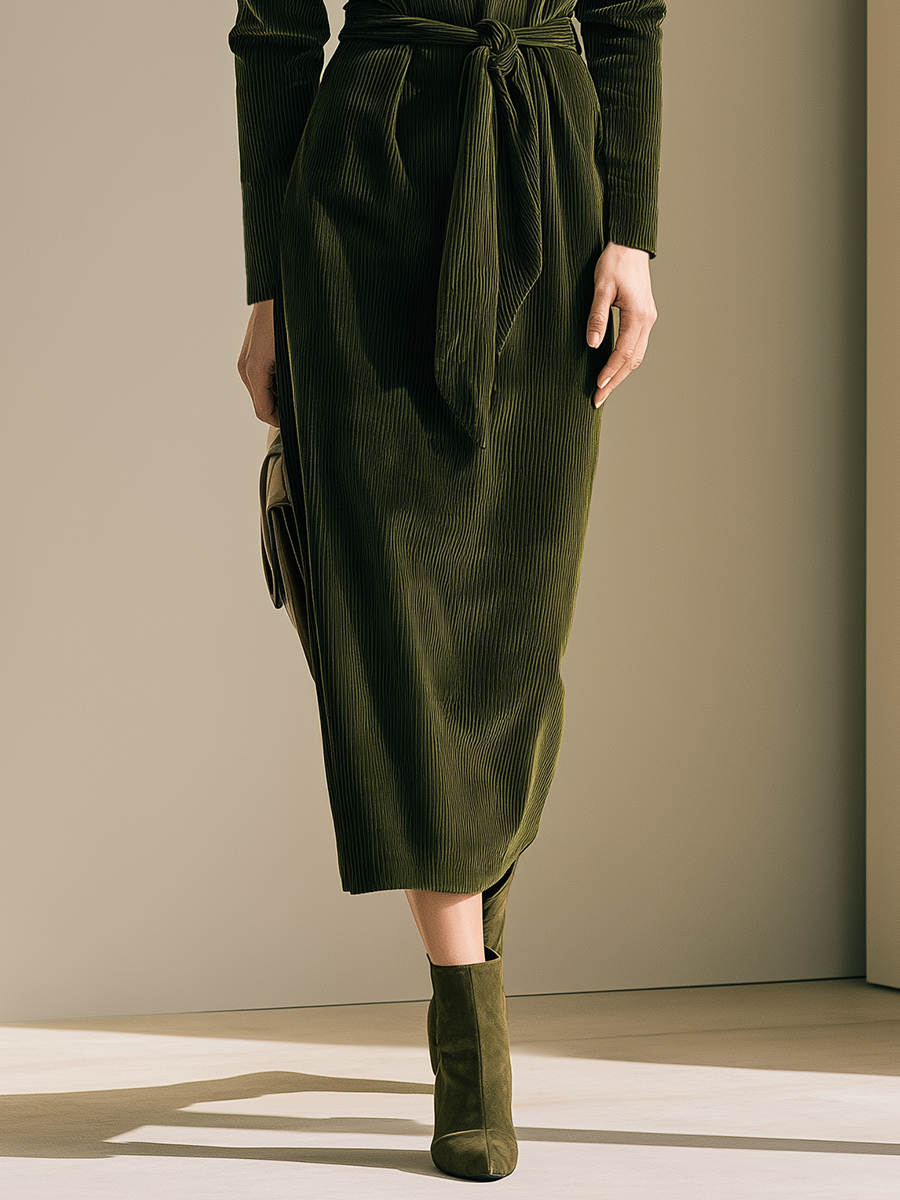 Women's Crew Neck Tie-Waist Olive Green Dress