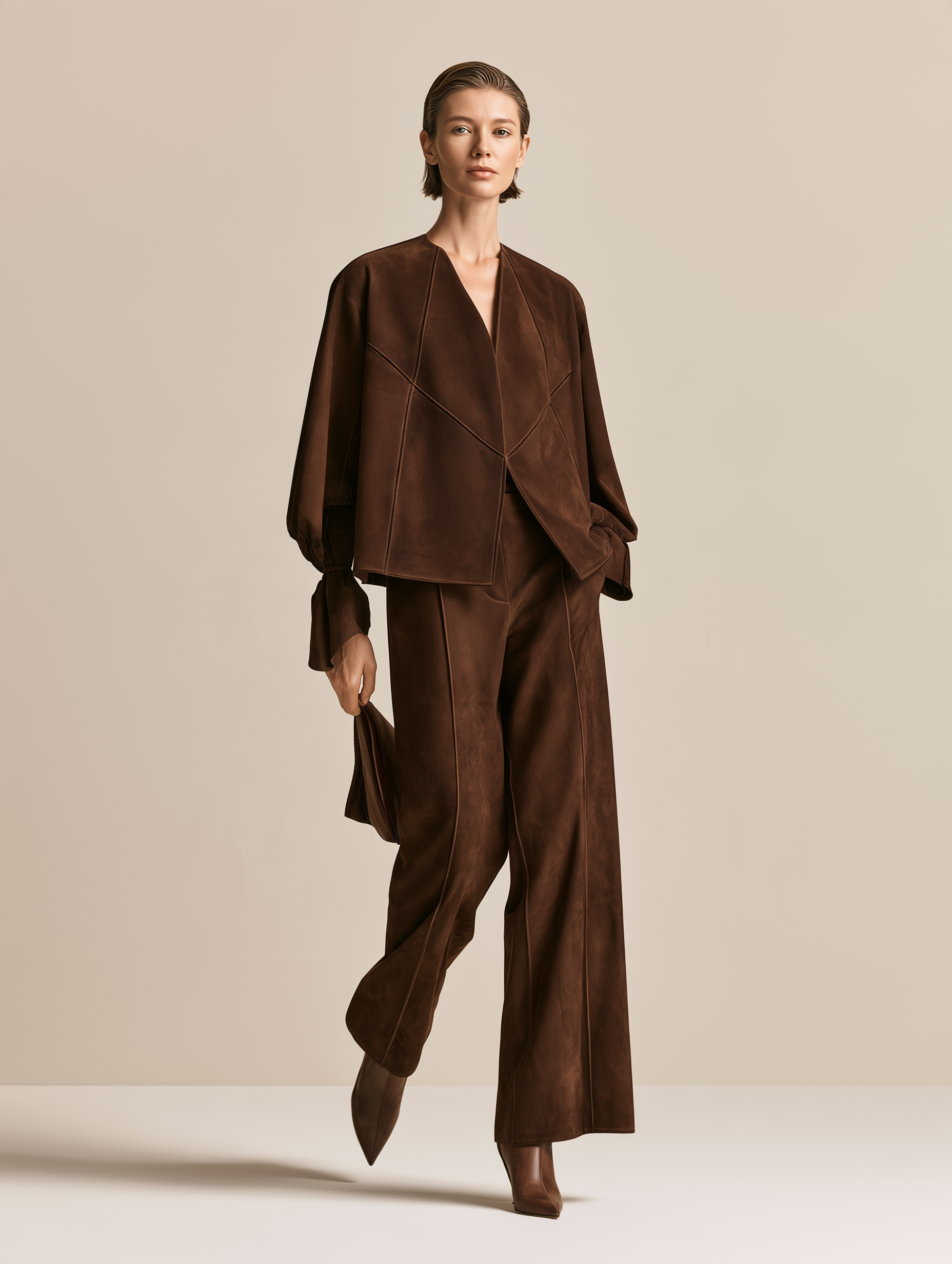 Women's Brown Wrap Top And Pants Set