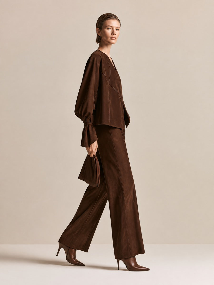 Women's Brown Wrap Top And Pants Set