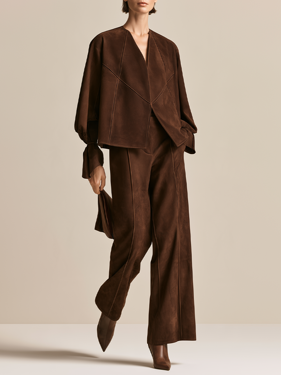 Women's Brown Wrap Top And Pants Set