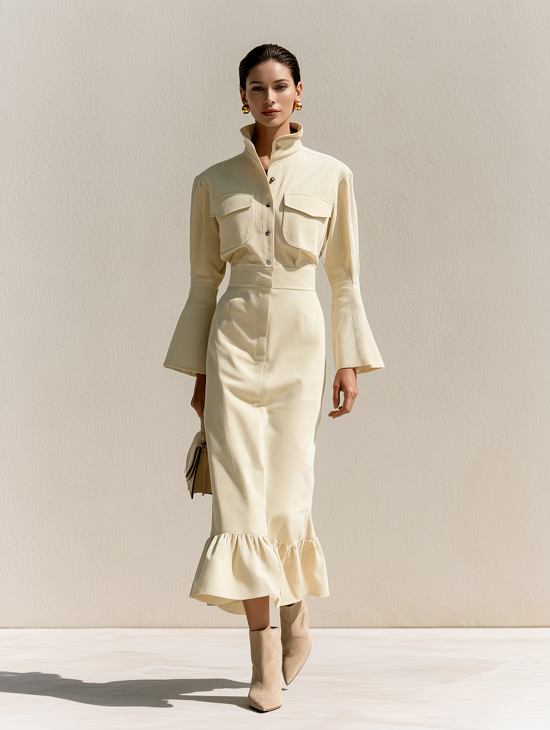 Women's Button Front Ruffle Hem Cream Dress