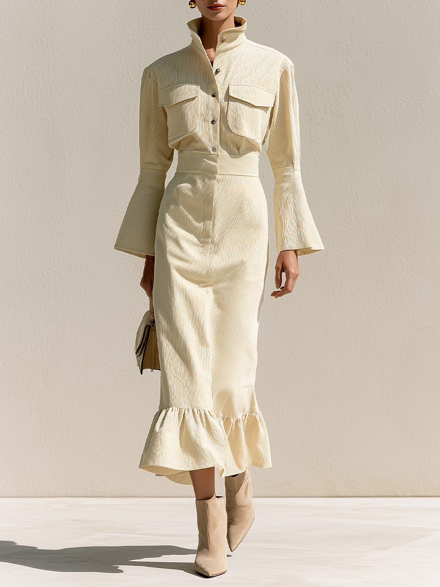 Women's Button Front Ruffle Hem Cream Dress